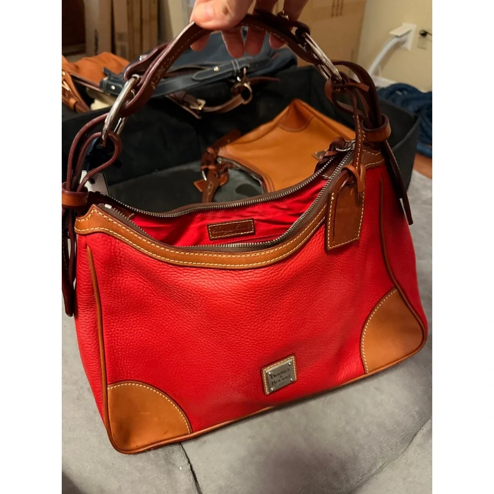 Dooney & Bourke Women Hobo Bag Red Pebbled Leather Harrison Zip Top Shoulder Bag